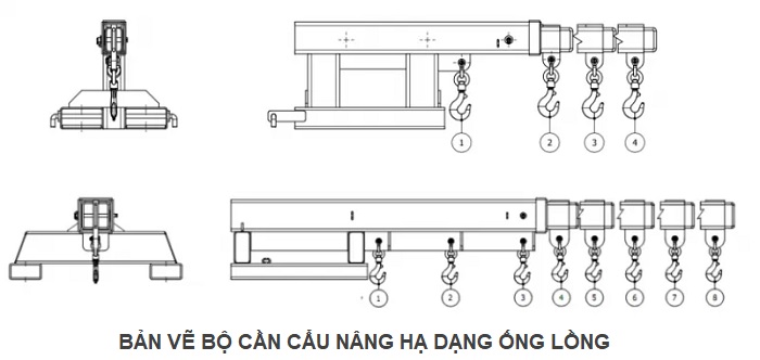 Bản vẽ bộ cần cẩu nâng hạ dạng ống lồng lắp đặt trên xe nâng