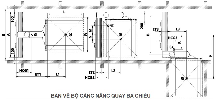 Bản vẽ bộ càng nâng quay ba chiều lắp cho xe nâng